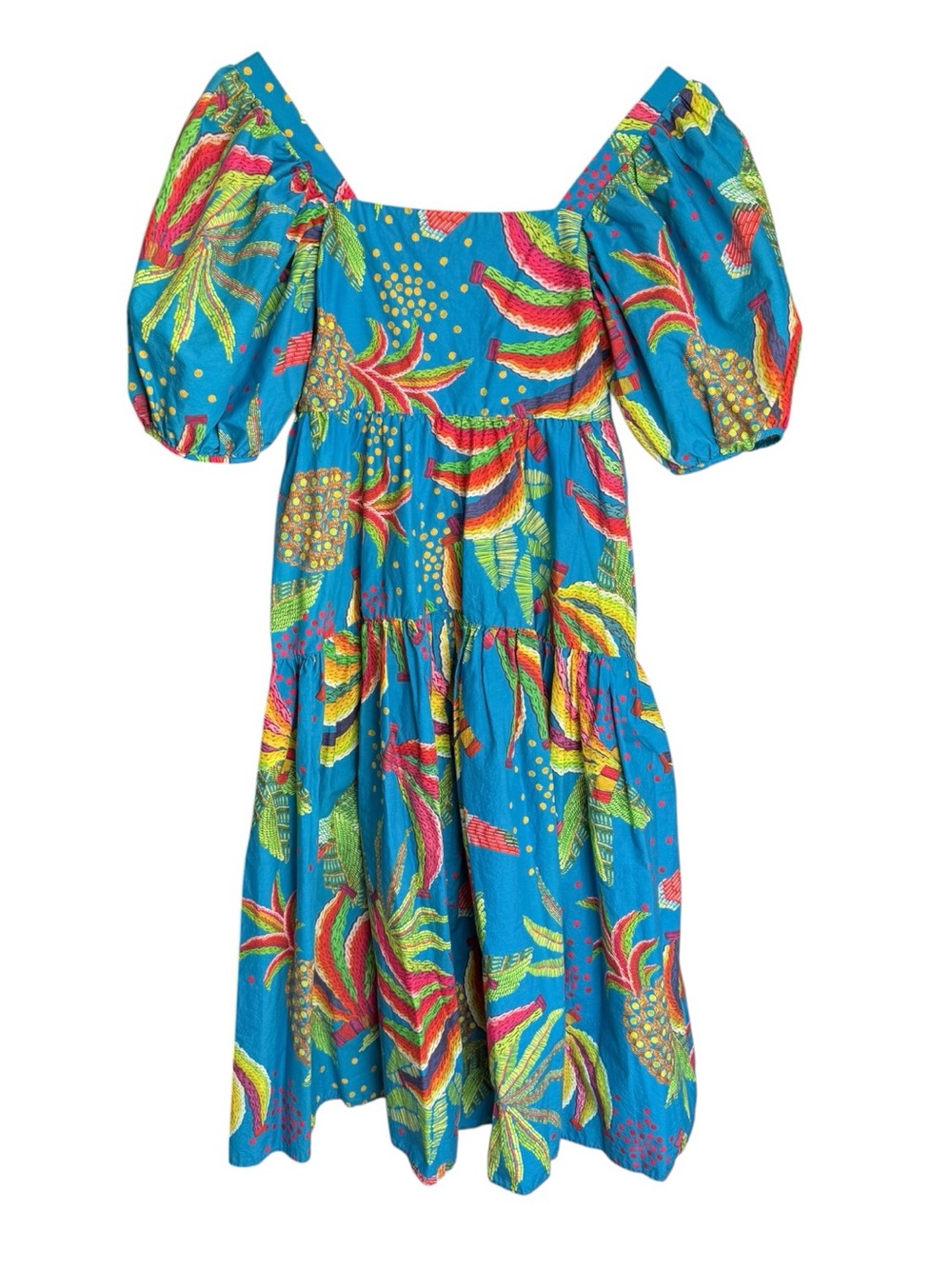 Farm Rio Tropics Tiered Midi Dress Size XS Blue Banana Print Puff Sleeve Cotton - Picture 5 of 15